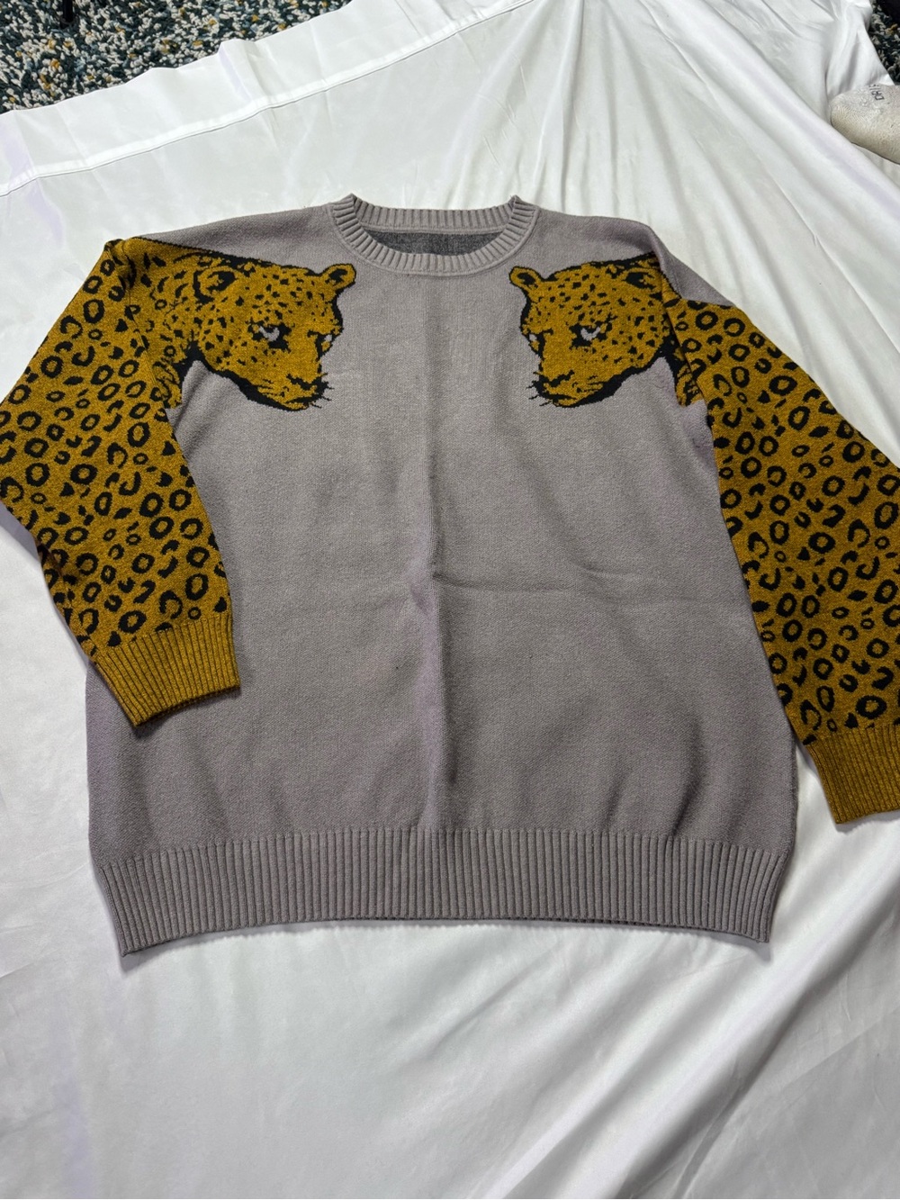 Grey Crewneck Sweater with Mustard Leopard Sleeves